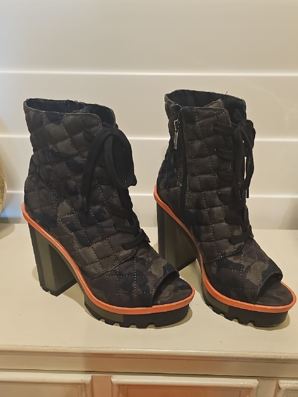 Jessica Simpson Black Quilted Peep-Toe Lace-Up Ankle Booties with Orange Trim